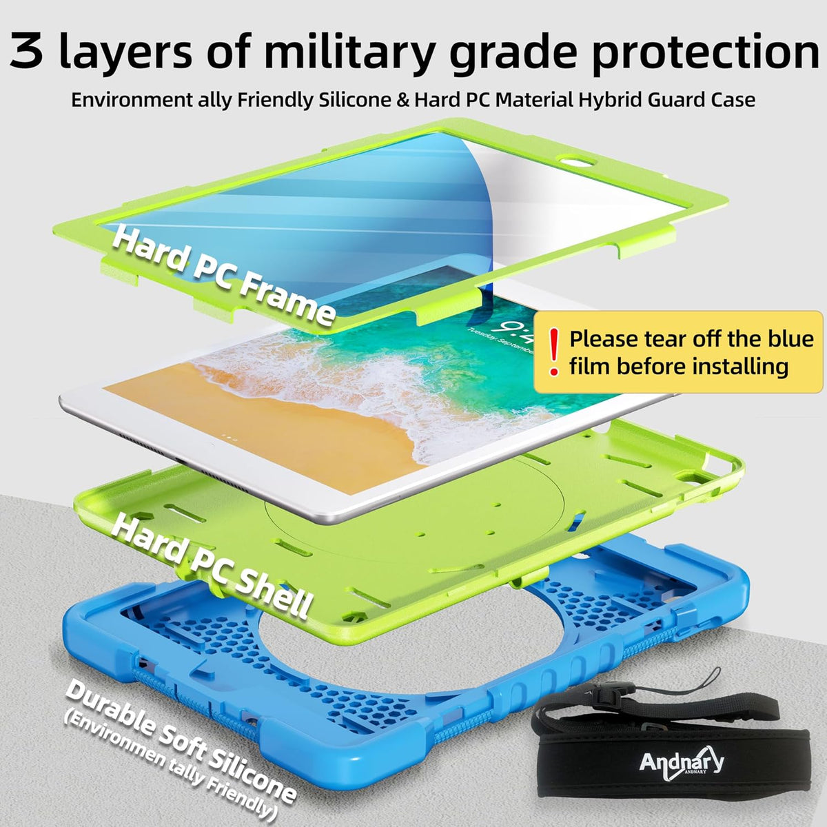 Case for iPad 6th/5th Generation 9.7 inch 2018/2017 Case, iPad Air 2/Pro 9.7 inch Heavy Duty Protective Cover with 360° Rotate Handle Stand, Pencil Holder, Shoulder Strap (Blue+Green)