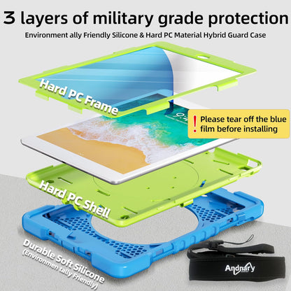 Case for iPad 6th/5th Generation 9.7 inch 2018/2017 Case, iPad Air 2/Pro 9.7 inch Heavy Duty Protective Cover with 360° Rotate Handle Stand, Pencil Holder, Shoulder Strap (Blue+Green)