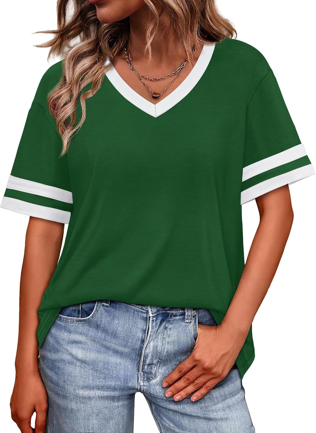 Womens T Shirts Loose Fit Short Sleeve Tees V Neck Color Block Summer Tops 2026 Fashion S-4XL