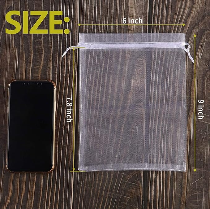 YunKo 100pcs Organza Bags 6x9 Inches Drawstring Jewelry Gift Mesh Bags Fruit Protection Bag White Sheer Organza Wedding Favor Bag
