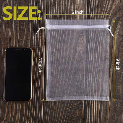 YunKo 100pcs Organza Bags 6x9 Inches Drawstring Jewelry Gift Mesh Bags Fruit Protection Bag White Sheer Organza Wedding Favor Bag