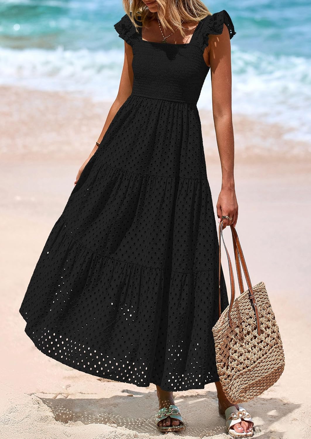 Womens Summer Square Neck Maxi Dresses Cap Sleeve Eyelet Smocked Tiered A Line Flowy Long Dress with Pockets