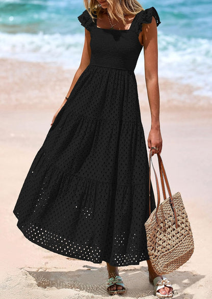 Womens Summer Square Neck Maxi Dresses Cap Sleeve Eyelet Smocked Tiered A Line Flowy Long Dress with Pockets