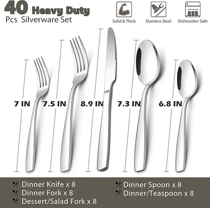 E-far 40-Piece Heavy Duty Silverware Set for 8, Stainless Steel Flatware Cutlery Set, Thick Metal Tableware Eating Utensils Include Forks Spoons Knives, Square Edge & Mirror Polished, Dishwasher Safe