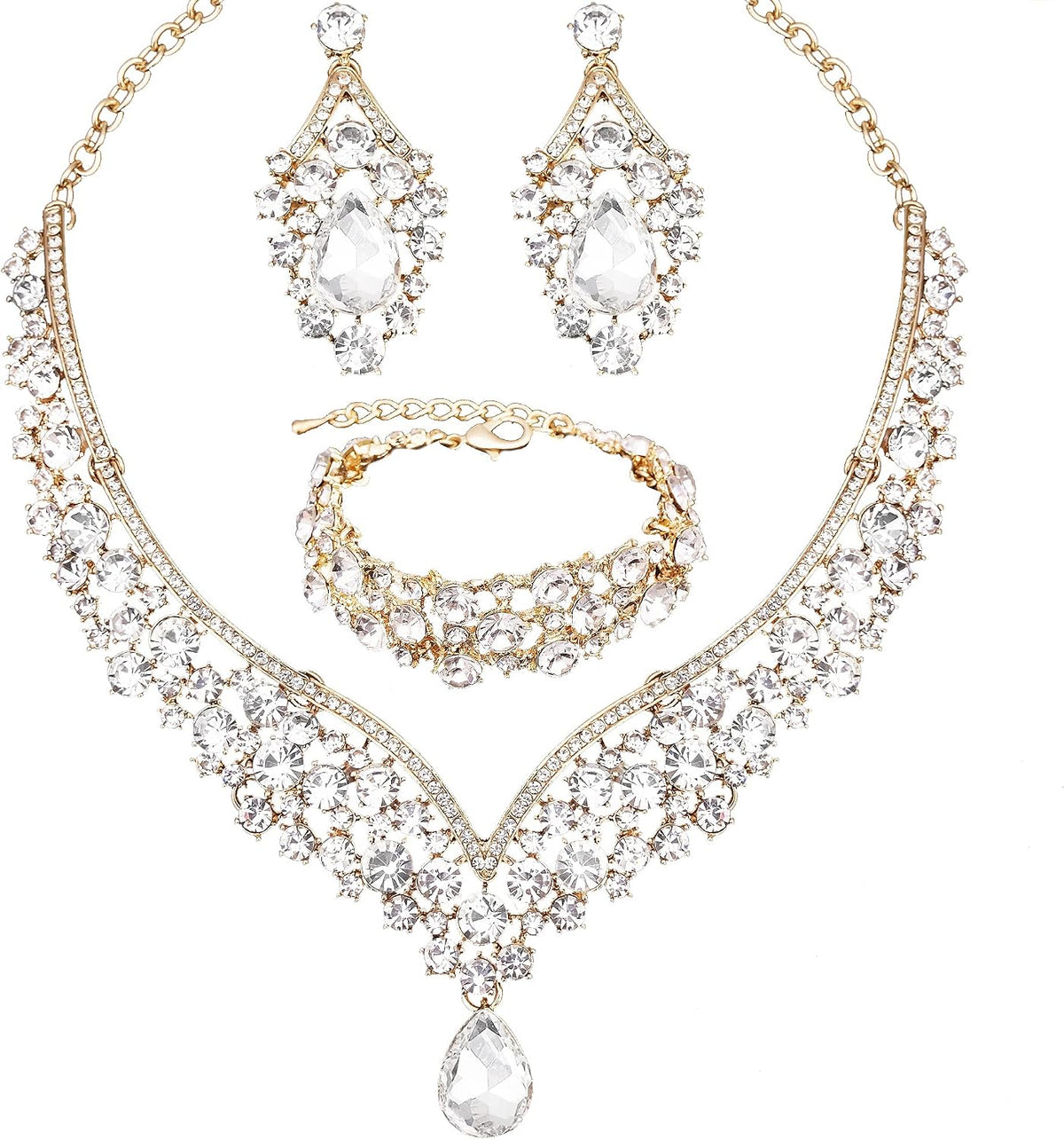 Women's Statement Necklace Earrings Link Bracelet Set for Bride Austrian Crystal Wedding Bridal Costume Jewelry Sets