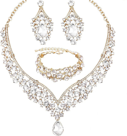 Women's Statement Necklace Earrings Link Bracelet Set for Bride Austrian Crystal Wedding Bridal Costume Jewelry Sets