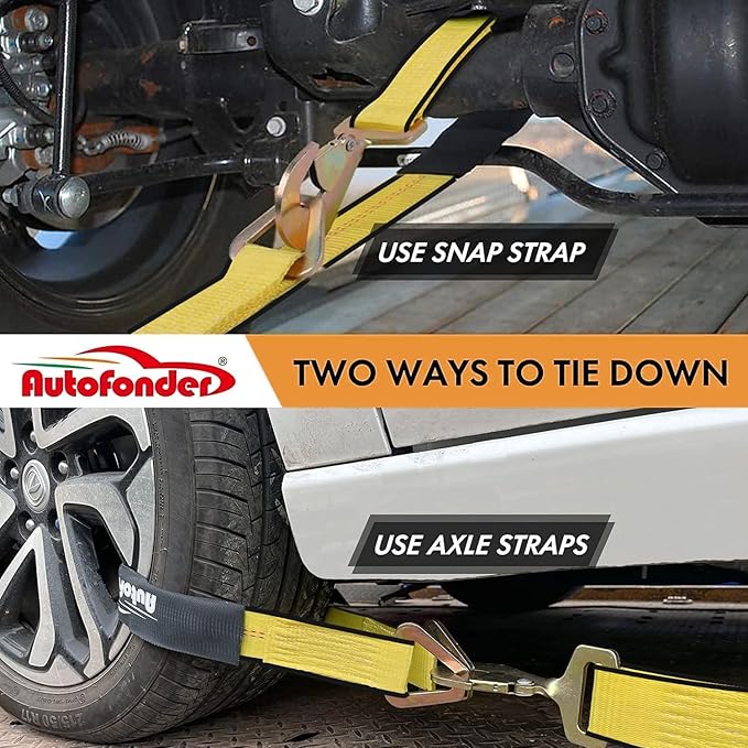 Heavy Duty Adjustable Car Tie Down Kit with Snap Hooks -Break Strength 10,000 lbs-Working Load 3333 lbs-Bonus Includes 4 Pack 36" Axle Straps with D-Ring(Yellow)