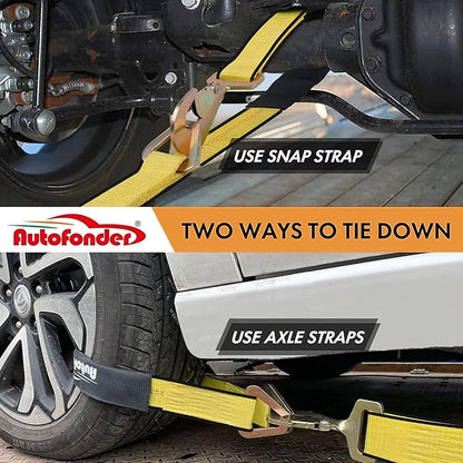 Heavy Duty Adjustable Car Tie Down Kit with Snap Hooks -Break Strength 10,000 lbs-Working Load 3333 lbs-Bonus Includes 4 Pack 36" Axle Straps with D-Ring(Yellow)