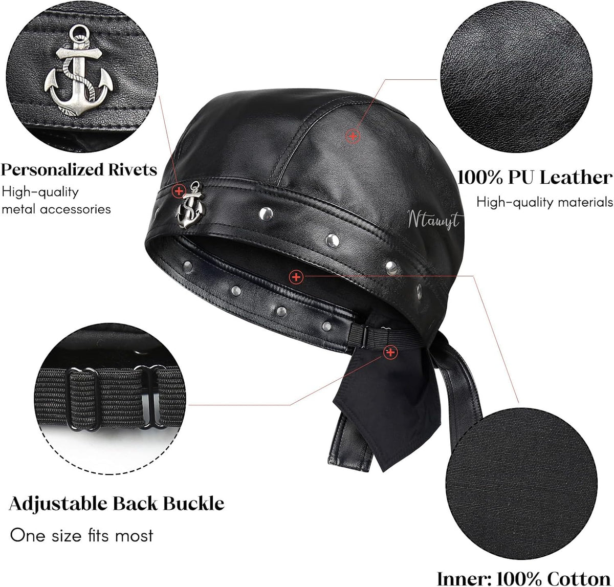 Leather Skull Cap - Adjustable Black Biker Skull Cap, Motorcycle Leather Hat Doo Rag Bandana