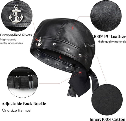 Leather Skull Cap - Adjustable Black Biker Skull Cap, Motorcycle Leather Hat Doo Rag Bandana