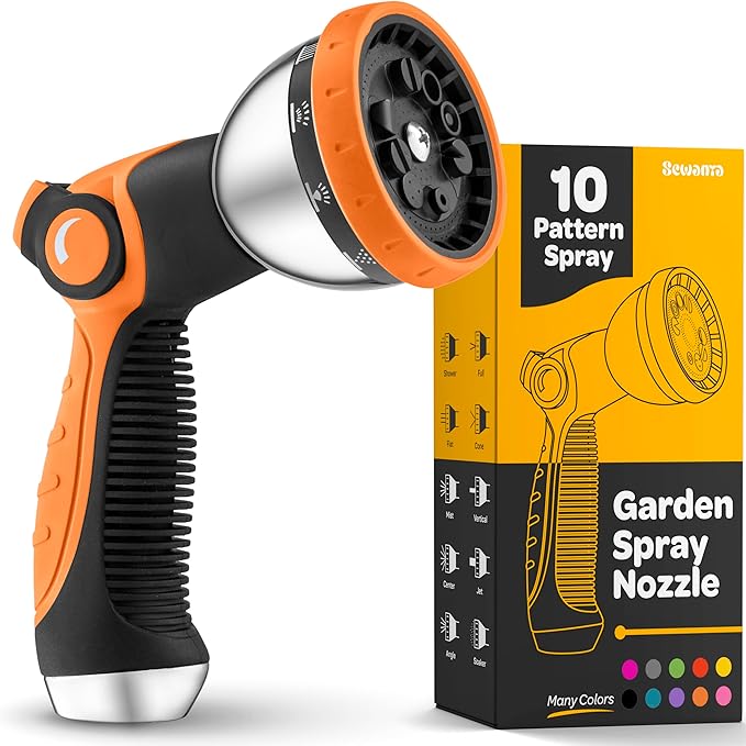 Hose Nozzle [Orange] Heavy Duty Hose Sprayer With 10 Adjustable Watering Patterns. Thumb Control Design, Comfortable Ergonomic Grip, Garden Hose Nozzle for Watering Plants & Lawns/Fun showers/Cleaning