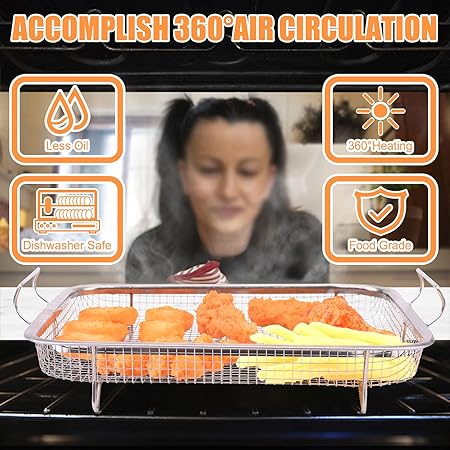 Eyourlife Air Fryer Basket for Oven 12.8" x 9.6", Stainless Steel Crisper Tray  Basket Set for Cooking, Baking  Broiling  Non-Stick, Easy to Clean, 360 Airflow for Even Crispiness