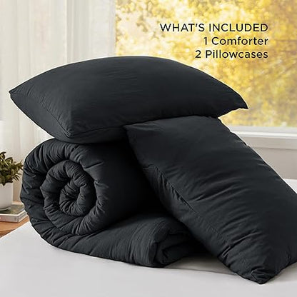 Bedsure Queen Size Comforter Set, Black Soft Prewashed Bedding for All Seasons, 3 Pieces GentleSoftTM Warm Down Alternative Bed Set, 1 Lightweight Comforter (90"x90") and 2 Pillowcases (20"x26")