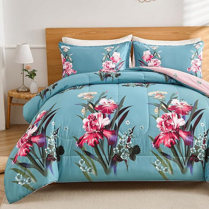 Shatex (86x82Inch 3 Piece Full Size Comforter Set Blue All Season Bedding Botanical Teal Floral - Ultra Soft 100 PolyesterAi 1 Full Comforter with 2 Pillow Shams(20x26Inch)