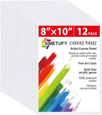 Simetufy 12 Pack 8x10 Canvas Boards for Painting, Blank Canvas Panels Art Painting Supplies - Gesso Primed 100% Cotton for Acrylic Oil Watercolor Tempera Paint
