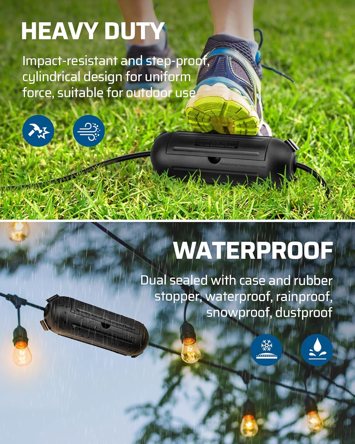 DEWENWILS [1Pack] Outdoor Extension Cord Safety Cover, Weatherproof Electrical Connection Box, Adjustable Compartment for AWG 12/14/16 Cords, Protect Holiday Decoration Lights and Plugs, Black