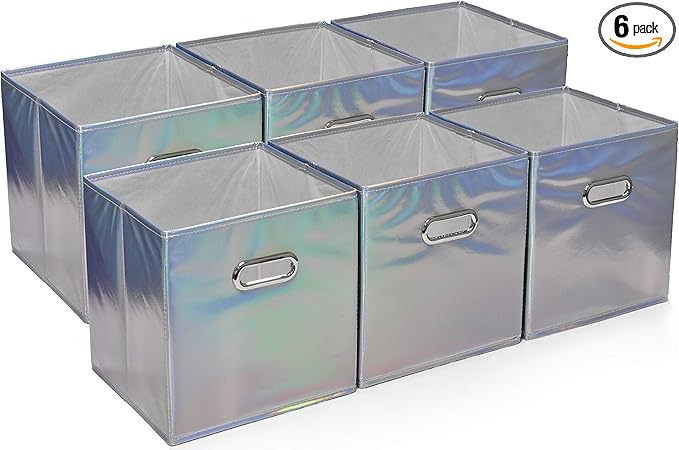 Handy Laundry 6-Pack Foldable Cube Storage Bins – Decorative Collapsible Organizer for Shelves, Closets, Underbed, Clothes, or Kids’ Toys (Shiny Silver)