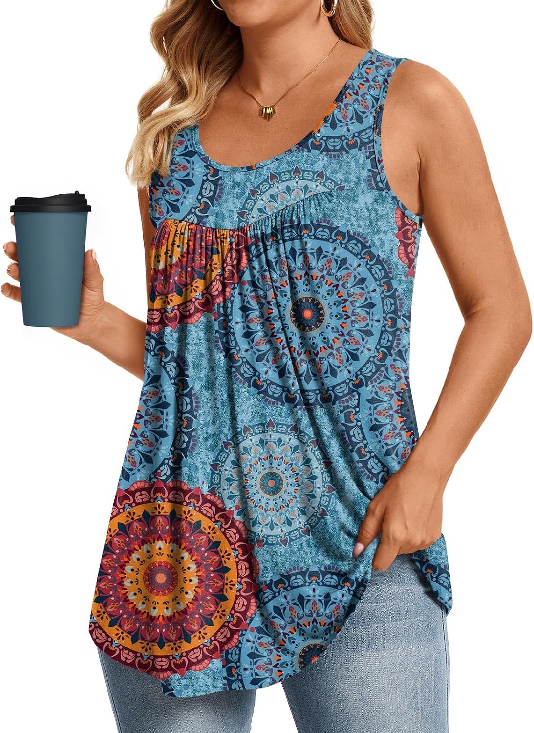 Anydeer Women Tank Tops Casual Summer Tunics Sleeveless Pleated Crewneck Shirts Loose Fit Flowy Blouses M-4XL