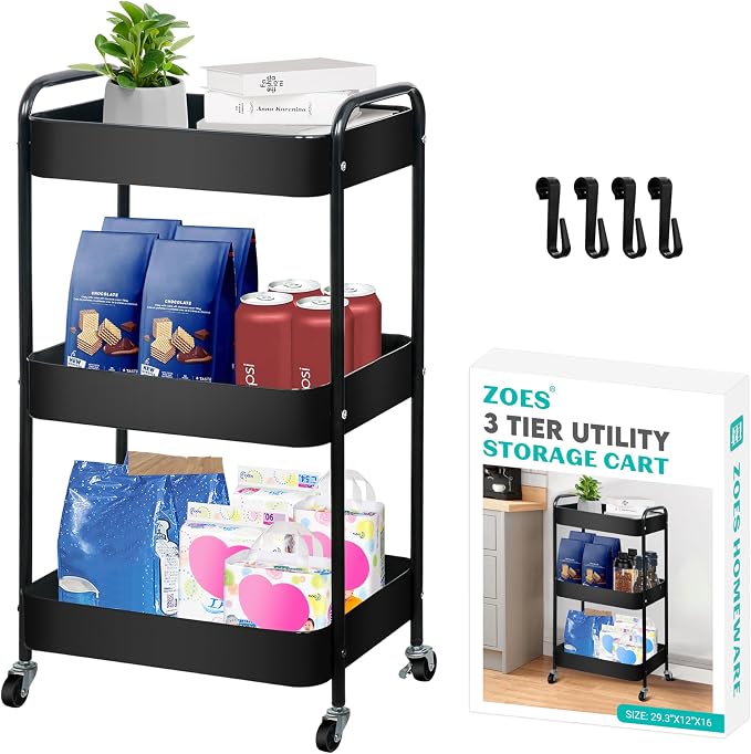 3 Tier Metal Rolling Cart on Wheels,Heavy Duty Utility Cart Sturdy 3 Tiered Rolling Storage Cart With Hooks, Great For Craft, Art Workspace, Kitchen ,Snack And Office Storage, Black