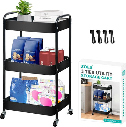 3 Tier Metal Rolling Cart on Wheels,Heavy Duty Utility Cart Sturdy 3 Tiered Rolling Storage Cart With Hooks, Great For Craft, Art Workspace, Kitchen ,Snack And Office Storage, Black