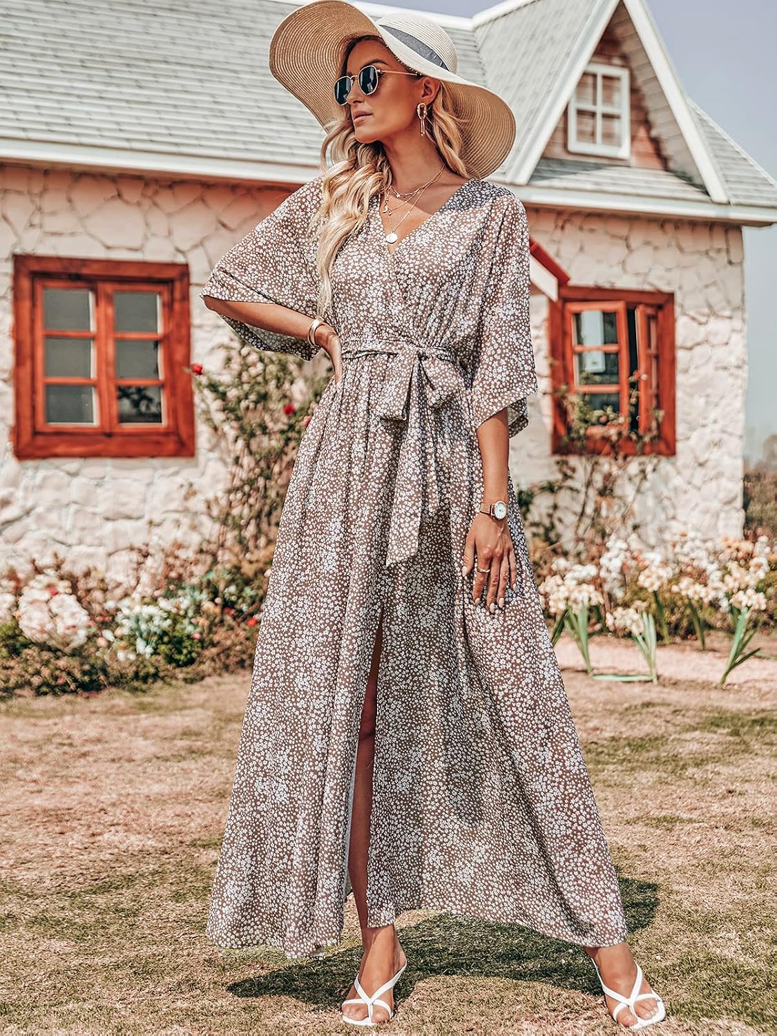 ANRABESS Womens 1/2 Sleeve Beach Wedding Guest Maxi Dresses 2026 Summer Wrap V Neck Boho Floral Flowy Slit Long Dresses.