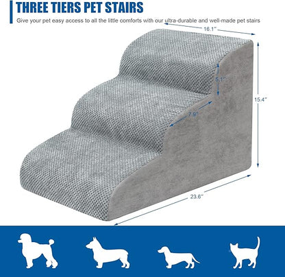 Dog Stairs for Small Dogs - High Density Foam Dog Ramp, Extra Wide Pet Steps with Non-Slip Bottom for High Beds, Couche and Sofa, Best for Dogs Injured, Older Dogs Cats (Grey, 3 Steps)