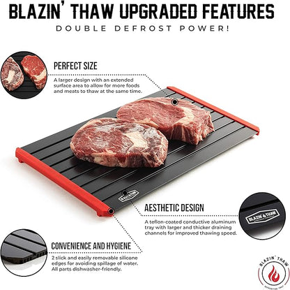 BLAZIN' THAW Defrosting Tray for Frozen Meat  16" Family-Size  Aluminium Plate for Thawing Frozen Food  Natural Thawing Process  No Microwaves, No ColdWarm Water Required
