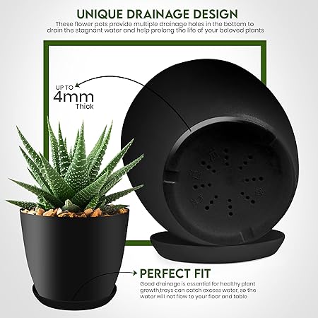 Utopia Home - Plant Pots Indoor with Drainage - 76.665.34.8 Inches Home Decor Flower Pots for Indoor Planter - Pack of 5 Plastic Planters for Indoor Plants, Cactus, Succulents Pot - Black