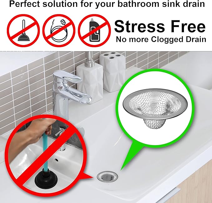 6 Pack - 2.125" Top  1" Basket- Mesh Sink Drain Strainer Hair Catcher for Bathroom Sink, Utility, Slop, Laundry, RV and Lavatory