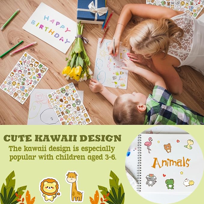 LINAYE 24 Sheets Cute Kawaii Stickers Pack - 1500PCS Adhesive Animal Stickers for Kids, Girls, Classroom