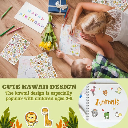 LINAYE 24 Sheets Cute Kawaii Stickers Pack - 1500PCS Adhesive Animal Stickers for Kids, Girls, Classroom