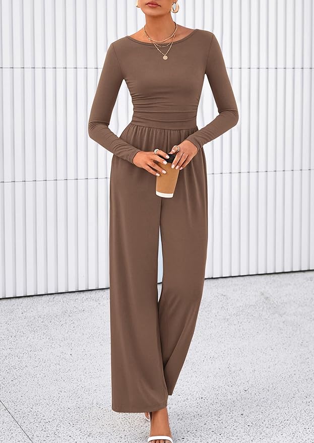 PRETTYGARDEN One Piece Jumpsuits for Women Dressy Casual Long Sleeve Crewneck Wide Leg Rompers Jumpers Vacation Outfits 2025