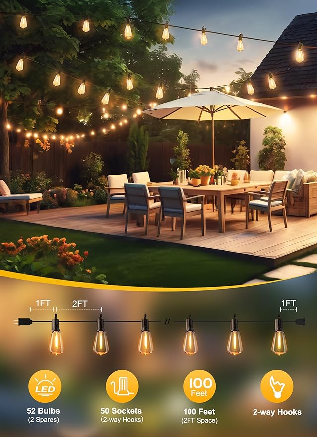 Brightown 100-foot outdoor LED light garland with 52 adjustable vintage Edison shatterproof ST38 bulbs, waterproof outdoor pendant lights for backyard, terrace, garden,