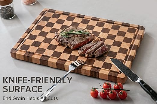 Cutting Boards for Kitchen, Design in USA Large Acacia Wood Chopping Board, Checkered Cutting Board with Juice Grooves & Handles, Butcher Block Serving Tray with Gift Box, 17" x 12" x 0.8"