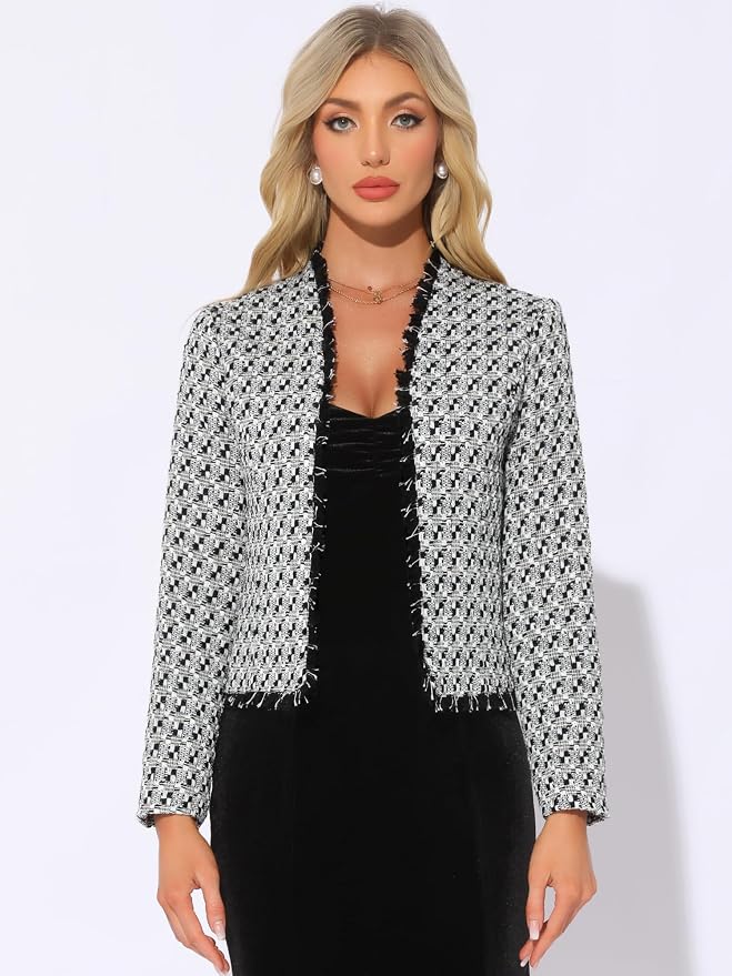 Allegra K Plaid Tweed Blazer for Women's Long Sleeve Open Front Work Office Jacket