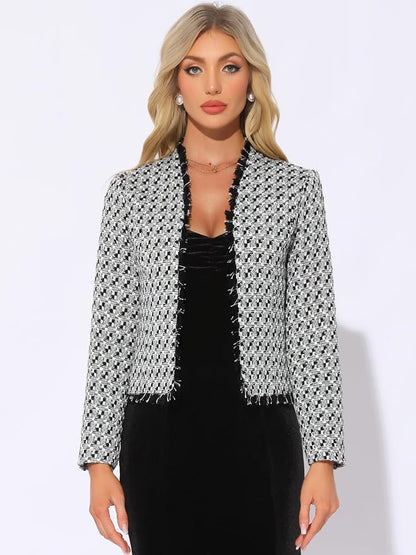 Allegra K Plaid Tweed Blazer for Women's Long Sleeve Open Front Work Office Jacket