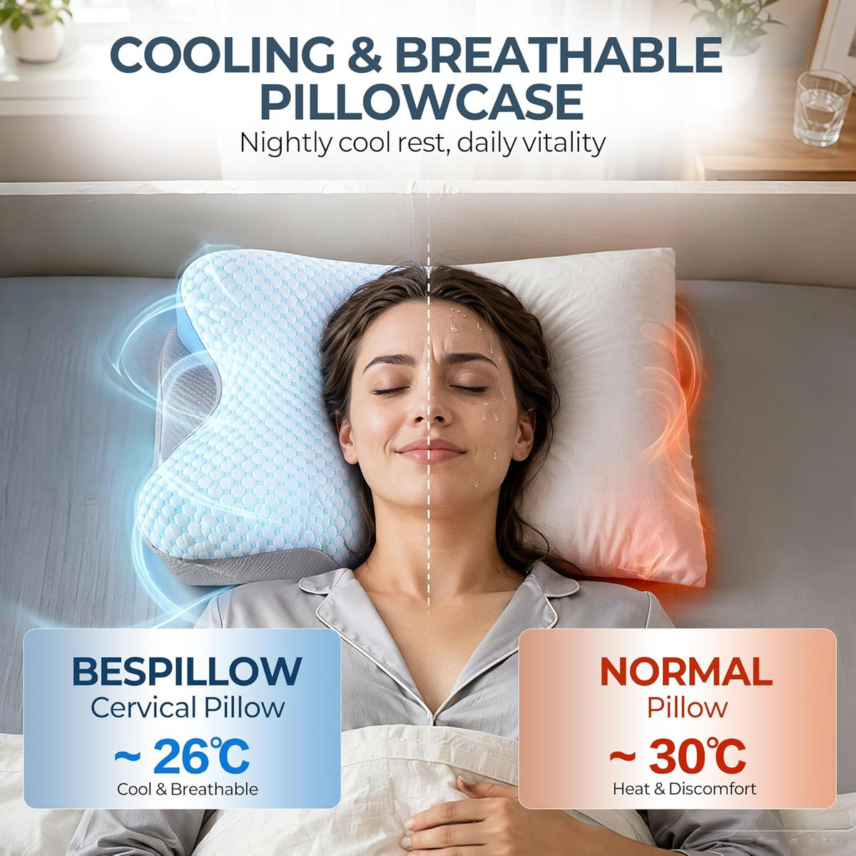 Cervical Neck Pillow for Pain Relief - Cooling Side Sleeper Pillow for Sleeping, Ergonomic Memory Foam Pillows for Neck Support, Contour Orthopedic Bed Pillow for Back Stomach Sleepers