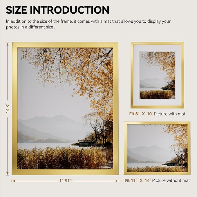 HappyHapi 11 x 14 inch gold picture frame, 8 x 10 inch gold photo frames with passepartout or 11 x 14 inches without passepartout, 1 pack of plastic wall frame for