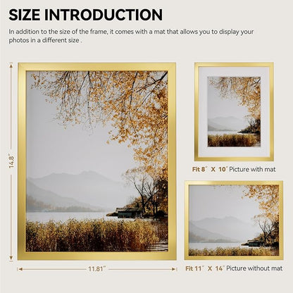 HappyHapi 11 x 14 inch gold picture frame, 8 x 10 inch gold photo frames with passepartout or 11 x 14 inches without passepartout, 1 pack of plastic wall frame for