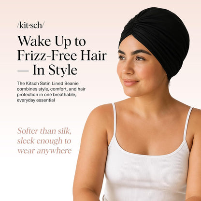 Kitsch Satin Lined Beanie - Softer than Silk Beanie For Sleeping Women, Breathable Hair Cover for Sleeping, Slouchy Beanies, Bonnets for Women, Hair Wrap, Reduce Breakage for Frizz-free Hairs - Black