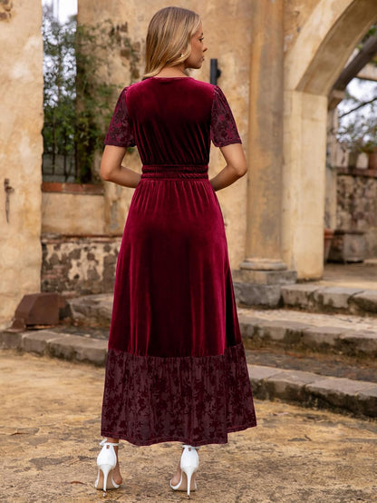 Simplee Women's Formal Velvet Maxi Dress Fall Winter V Neck Floral Short Sleeve Empire Waist Wedding Guest Dresses.