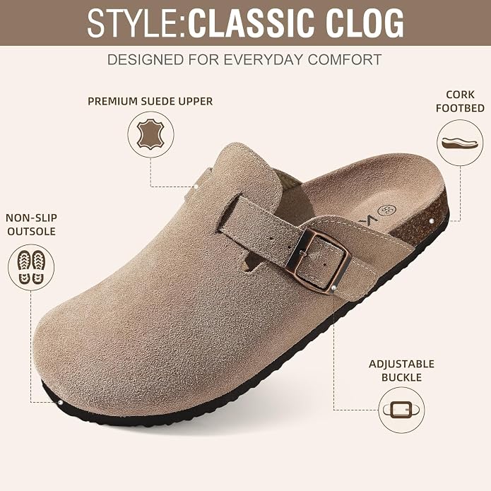 KIDMI suede clogs with cork footbed, arch support, adjustable straps, and non-slip sole for comfortable all-day wear.