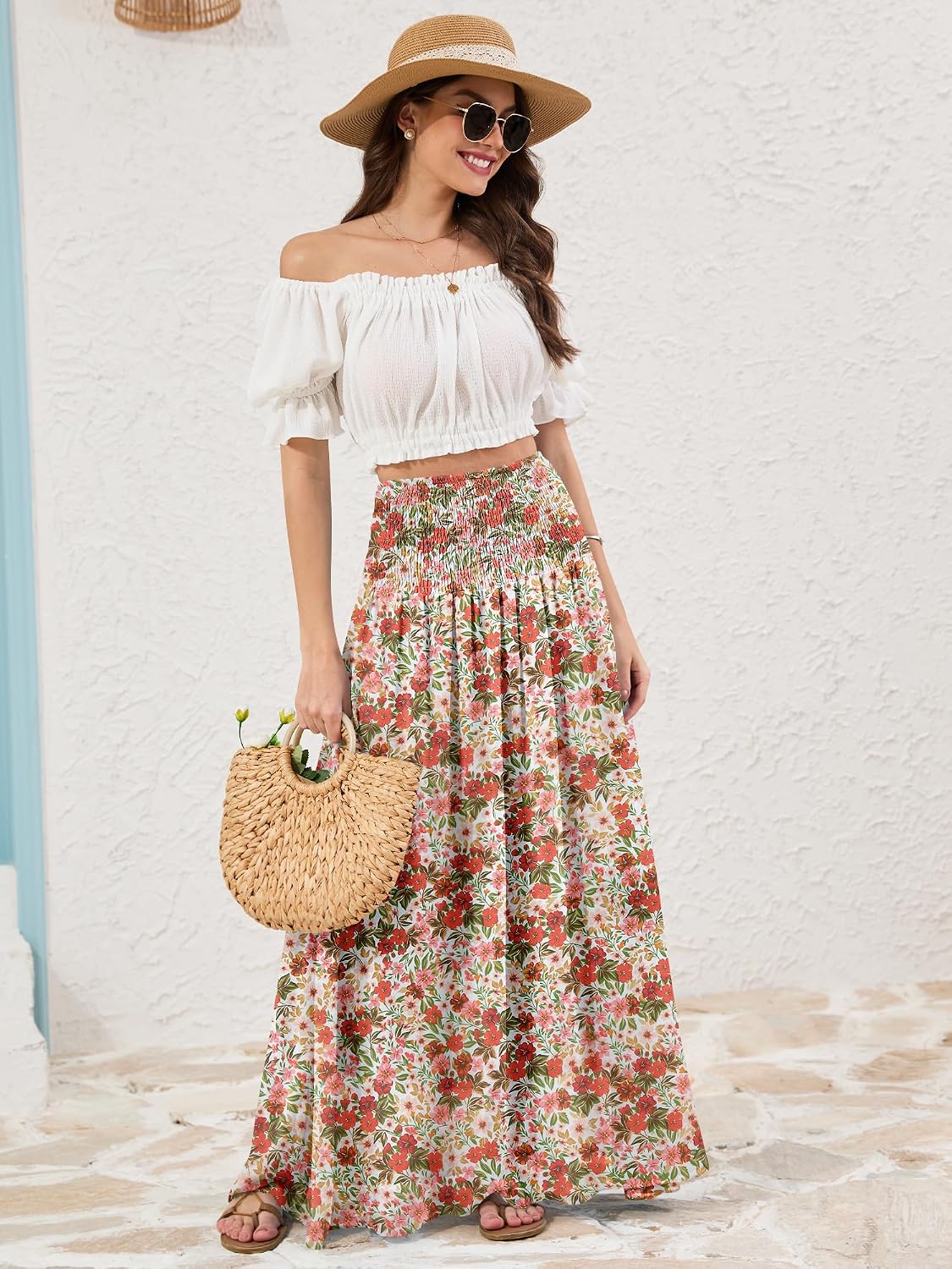 Red Hibiscus floral, LiCot Womens Maxi Skirt Smocked Boho Flowy Casual Long Skirts