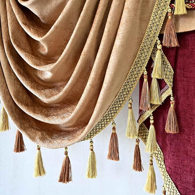 Luxury Brown Burgundy Floral Waterfall Swag Valance with Tassels for Living Room Bedroom Windows European Design Rod Pocket Top (150 cm, 1 Panel)