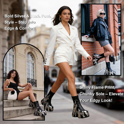 Size 7, HiColor Women's Red Flames Printing Chunky Sole Boots, Ankle-High, Zipper Closure, Round Toe, Platform Heel, All-Season, Women's Casual Boots.