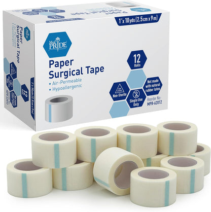 MED PRIDE Paper Surgical Tape,1 in x 10 yd,Hypoallergenic,Latex-Free,12-Pk