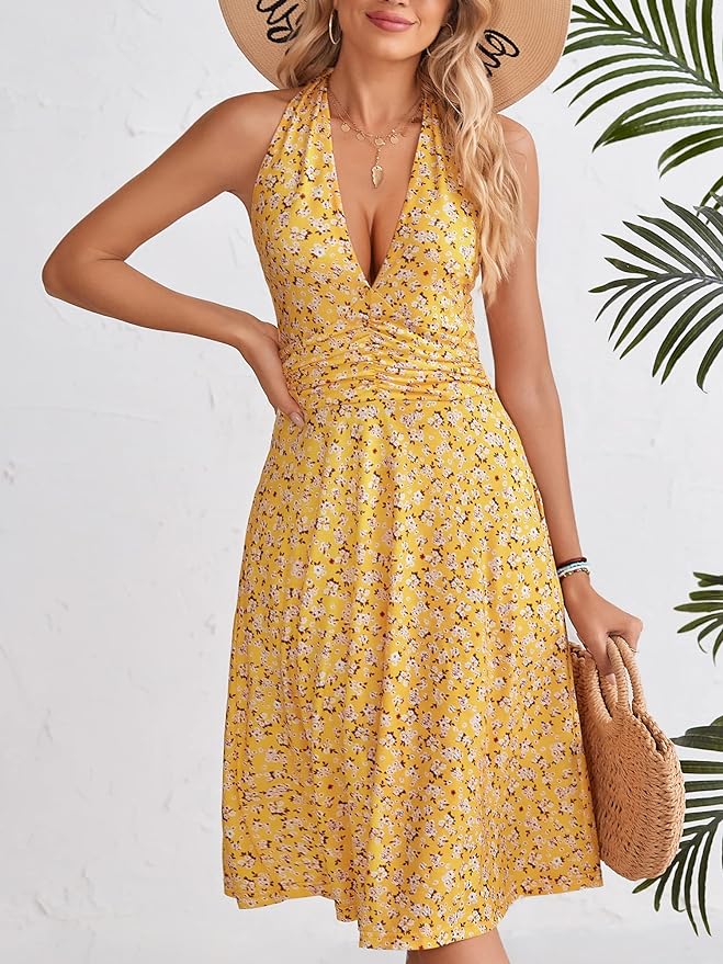 HUHOT Women's Summer Sundress Sleeveless Halter Neck Spring 2025 Floral with Pocket Elastic Waist Ruffle Mini Dresses