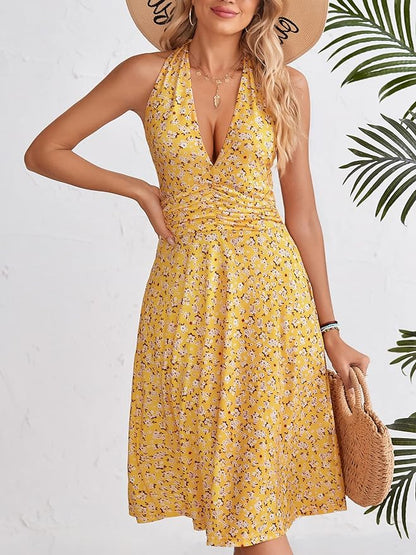HUHOT Women's Summer Sundress Sleeveless Halter Neck Spring 2025 Floral with Pocket Elastic Waist Ruffle Mini Dresses