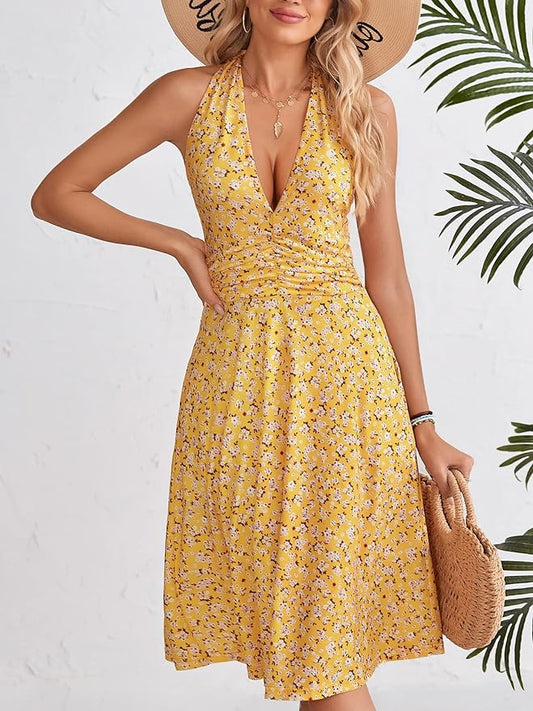 HUHOT Women's Summer Sundress Sleeveless Halter Neck Spring 2025 Floral with Pocket Elastic Waist Ruffle Mini Dresses