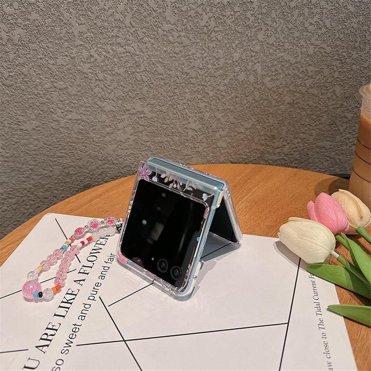 Clear Case Compatible with Motorola Razr Plus 2023 with Strap, Cute Flowers Pattern Shockproof Protective Cover Compatible with Moto Razr+ 2023 for Woman